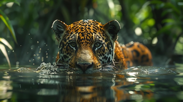 El jaguar acechando en el agua