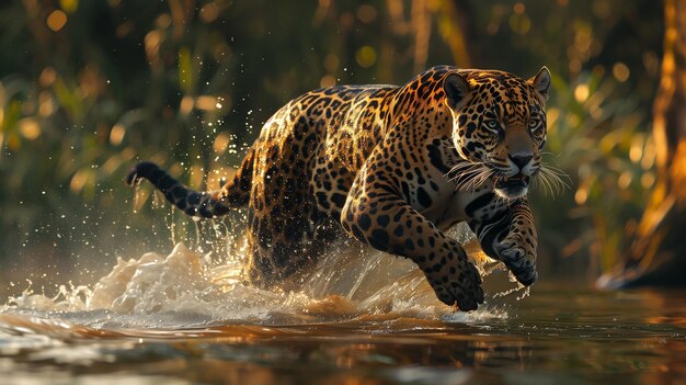 El jaguar acechando en el agua