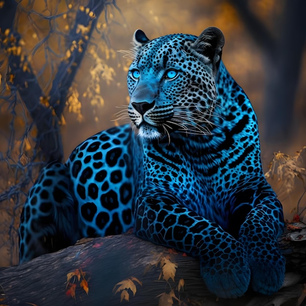 Un jaguar azul y negro está en una rama en el bosque.