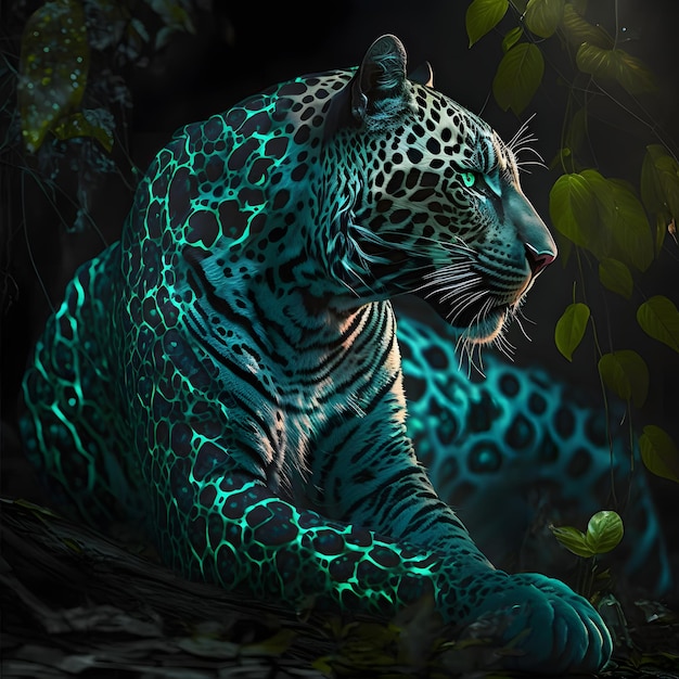 Un jaguar azul y verde está tendido en una rama.