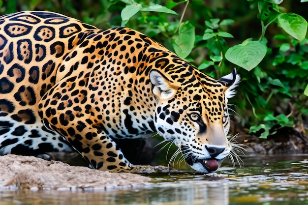 Foto jaguar bebendo água em uma margem de um rio da selva