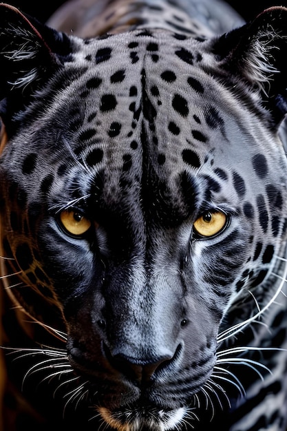 Un jaguar blanco y negro con cara negra y ojos amarillos.