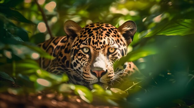 Foto jaguar blickt durch die blätter eines baumes in die kamera