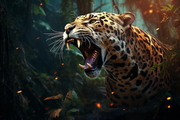 El jaguar bostezando en la jungla Retrato de un animal salvaje