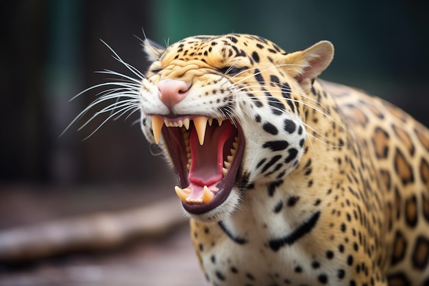 El jaguar bostezando mostrando los dientes afilados