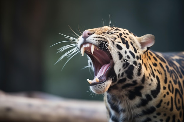 Un jaguar bostezando revelando sus dientes iluminados por el amanecer