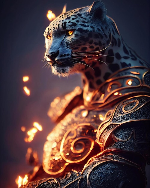 Un jaguar con una cadena de oro alrededor del cuello y un gran ojo.