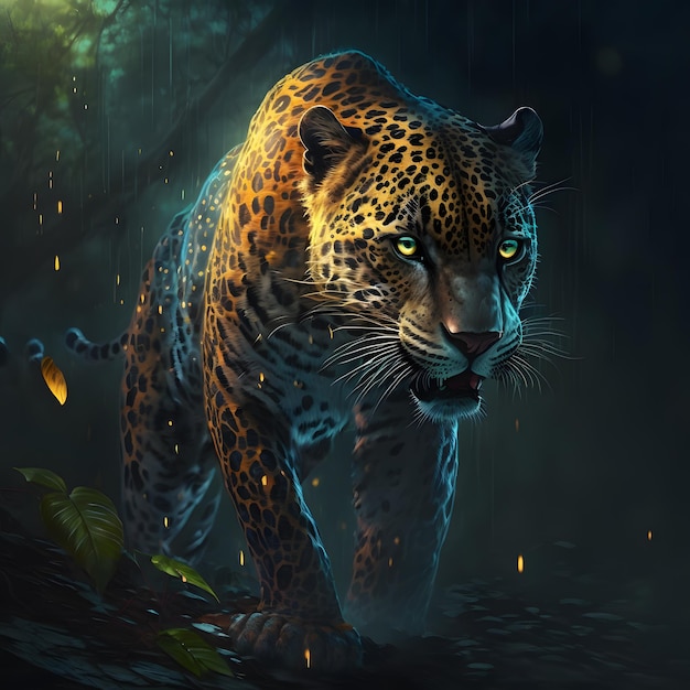 Un jaguar camina por un bosque oscuro con una luz en la cara.