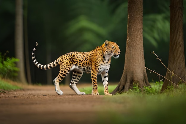 Un jaguar camina por un bosque en la selva.