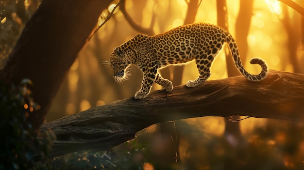 Jaguar caminando en un tronco de madera en el bosque