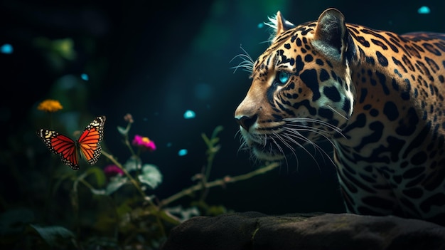 Jaguar com borboleta o seu nariz pico px imagem de papel de parede Ai gerado arte
