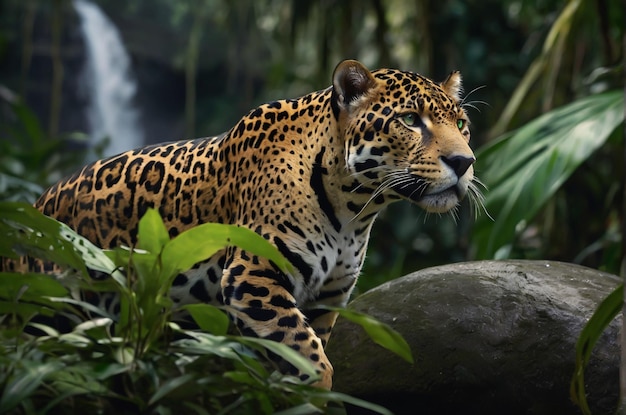 Jaguar com olhos verdes na floresta amazônica