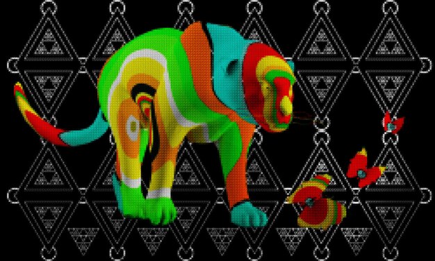 Jaguar e borboletas na arte huichol em fundo preto renderização em 3D