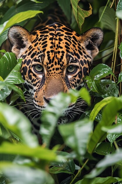 un jaguar furtivo camuflado en la exuberante vegetación de la selva amazónica