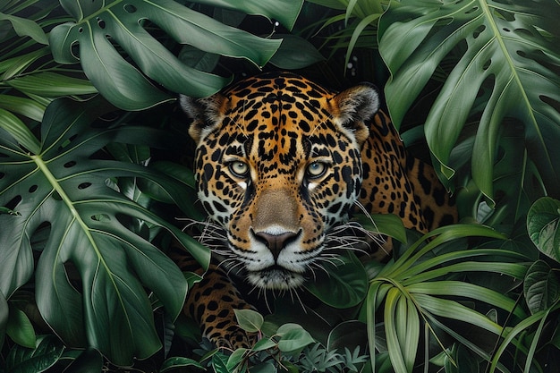 Foto un jaguar furtivo merodeando a través de la densa folia generativa ai