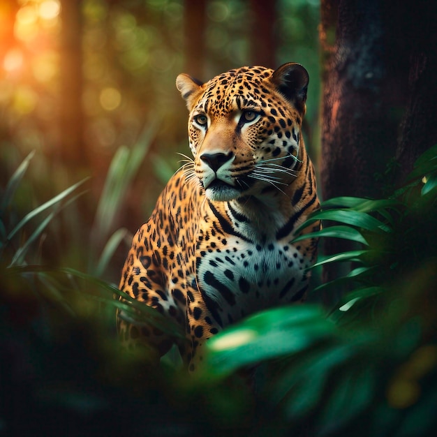 Jaguar im Regenwald und Sonnenuntergang