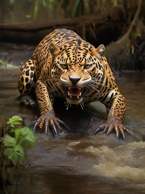 Jaguar jagt ein Krokodil in einem sumpfigen Fluss