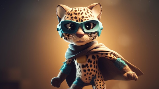 Un jaguar de juguete con capa y gafas.