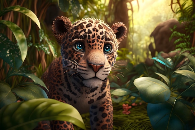 Foto un jaguar en la jungla con un fondo selvático.