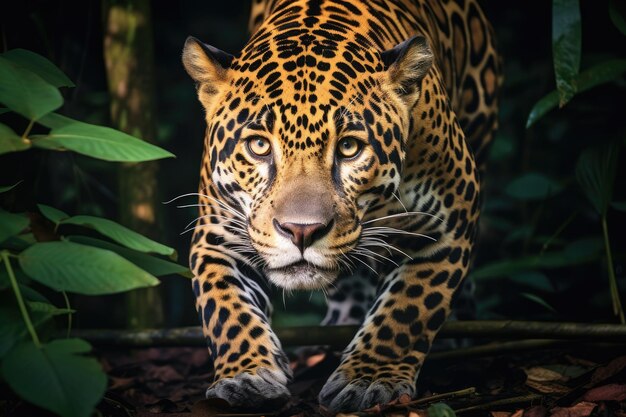 Un jaguar merodeando a través de la selva amazónica jaguares feroces merodeando por la densa selva amazónica mezclándose sin problemas con las sombras generadas por la IA