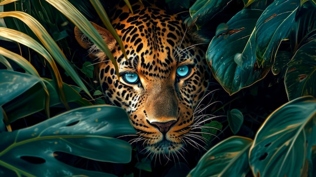 Foto el jaguar mirando a través del follaje, un depredador furtivo en la densa selva