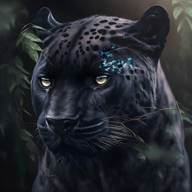 Un jaguar negro y azul con cara azul.