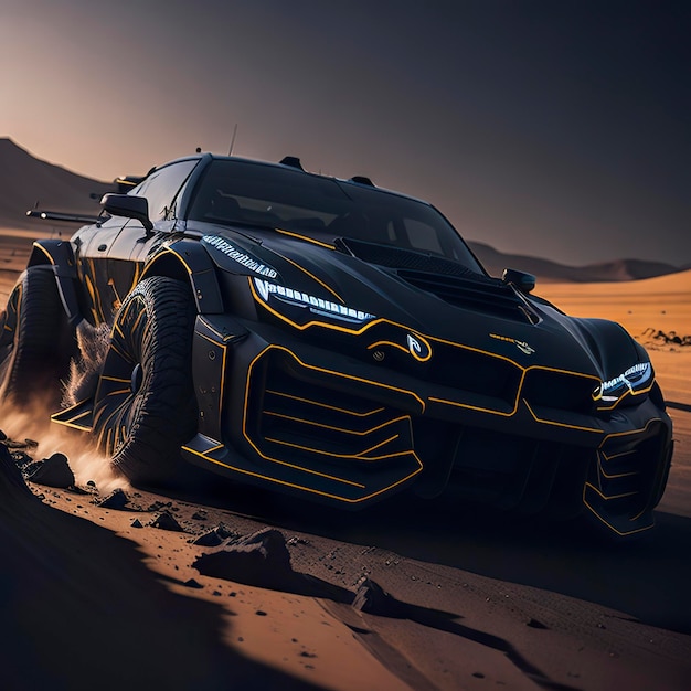 Un jaguar negro conduce por el desierto con los faros encendidos.