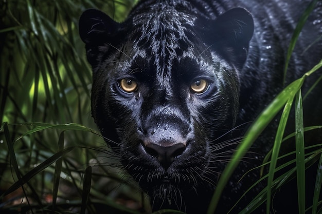 Un jaguar negro se encuentra entre las plantas de la selva.