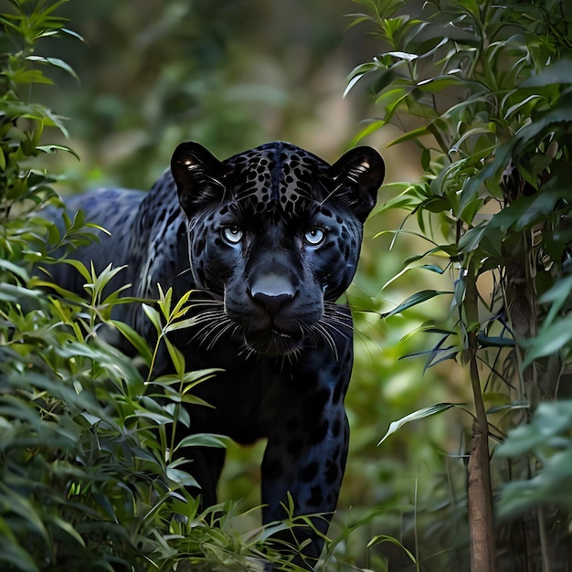 Jaguar negro escondido en los arbustos ojos azules generados por la IA