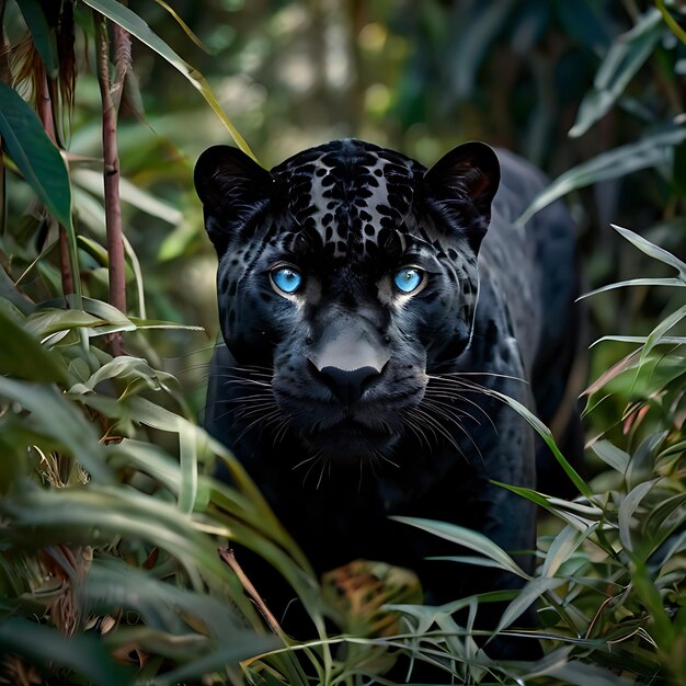 Foto jaguar negro escondido en los arbustos ojos azules generados por la ia