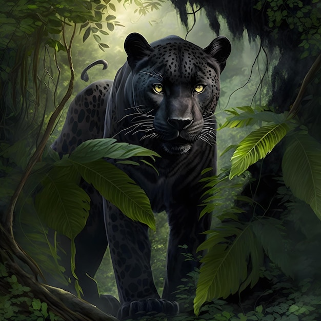 Un jaguar negro está en la selva con hojas verdes.