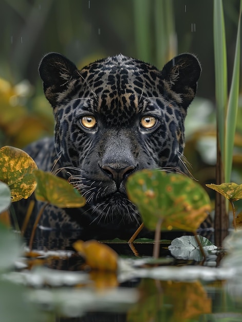 Foto el jaguar negro en un humedal de américa del sur