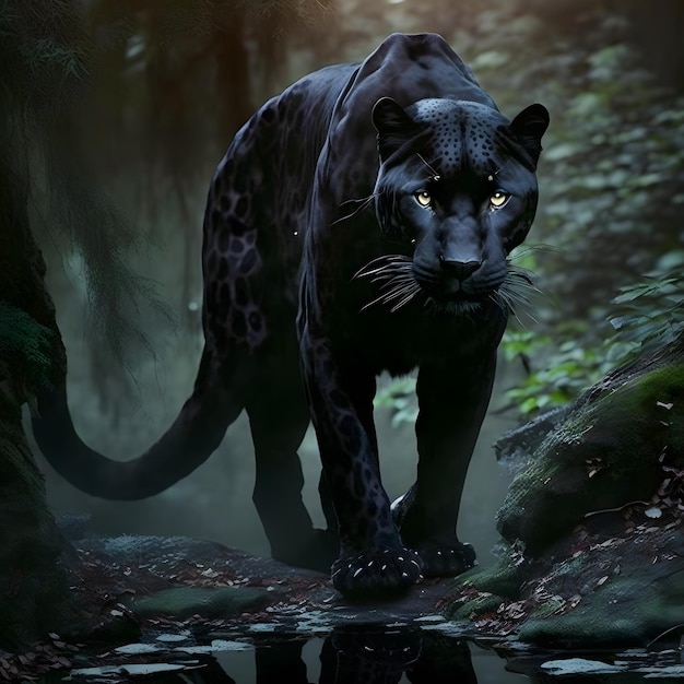 Un jaguar negro con ojos amarillos se encuentra en un bosque oscuro.