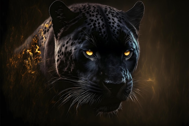 Un jaguar negro con ojos brillantes está en la oscuridad.