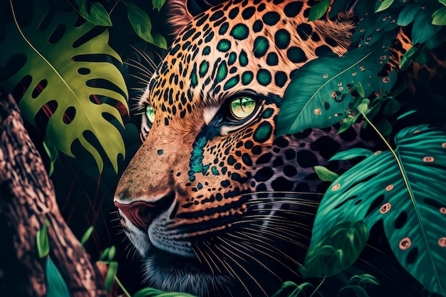 Jaguar observando sua presa da floresta tropical Generative AI