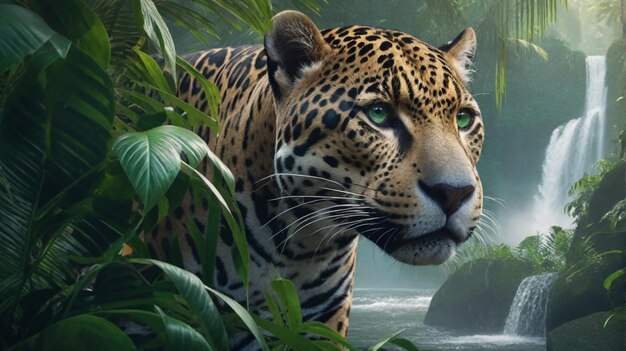 Foto jaguar con ojos verdes acechando