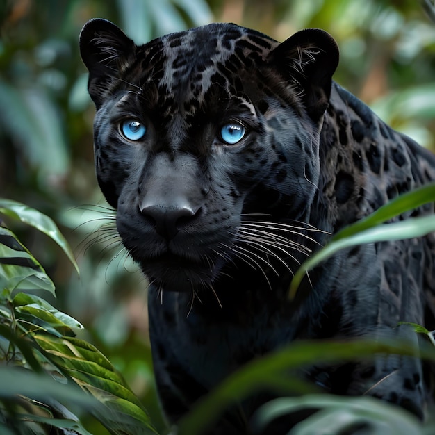 Jaguar preto escondido nos arbustos olhos azuis gerados pela IA