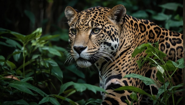 Foto un jaguar está retratado en el centro de la imagen. el jaguar está mirando a la derecha del cuadro.