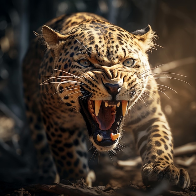 un jaguar rugiendo en el bosque al estilo de un primer plano de luces oscuras