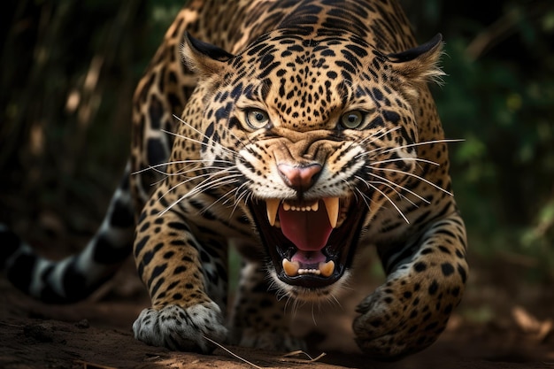 Jaguar rugiente en la selva tropical