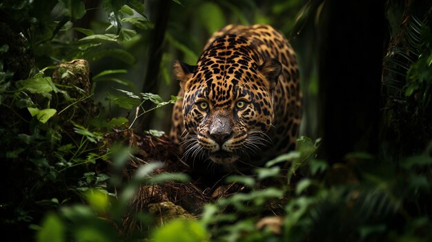 Jaguar schleicht sich unter den grünen Blättern des Dschungels