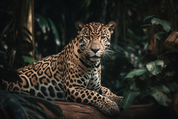 Un jaguar se sienta en la rama de un árbol en la selva.