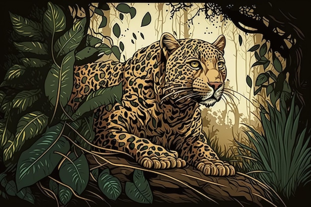 Un jaguar se sienta en la selva.