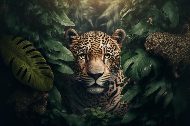 Jaguar versteckt sich hinter Blättern