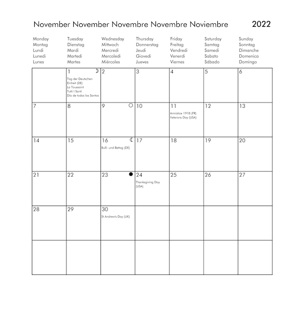 Jahr 2022 November internationaler Kalender mit Feiertagen