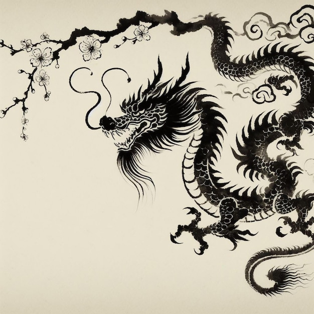 Jahr des Drachen Tinte Zeichnung Chinesisches Neujahr Hintergrund