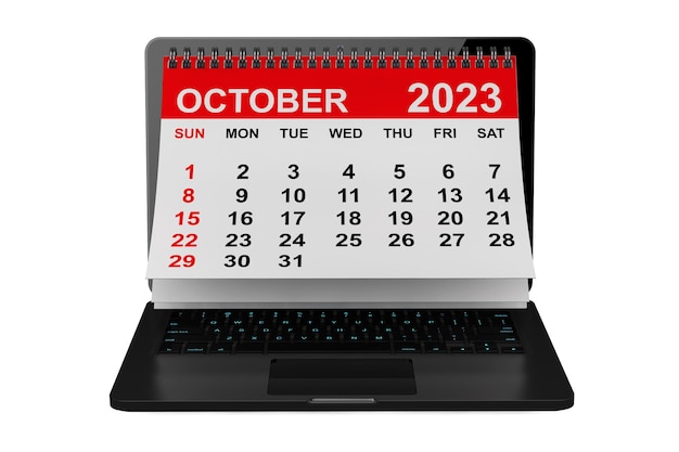 Jahreskalender 2023 Oktoberkalender über Laptop-Bildschirm auf weißem Hintergrund 3D-Darstellung
