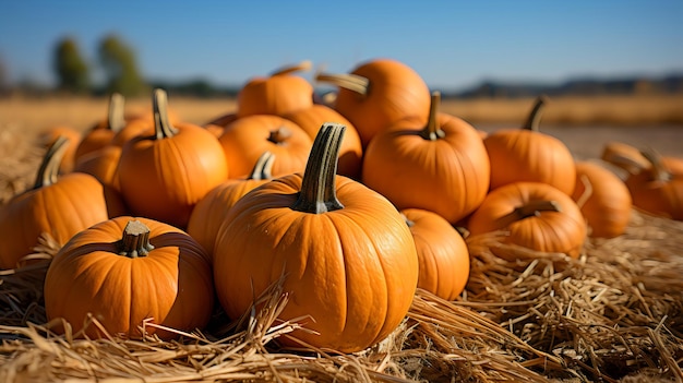 Jahreszeitliche Vergnügungen Herbstdekor mit großen Kürbissen und Heubalen