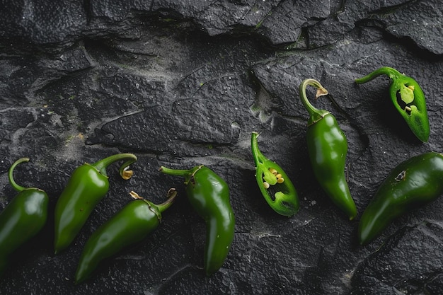 Foto jalapenos verdes en una superficie de piedra negra