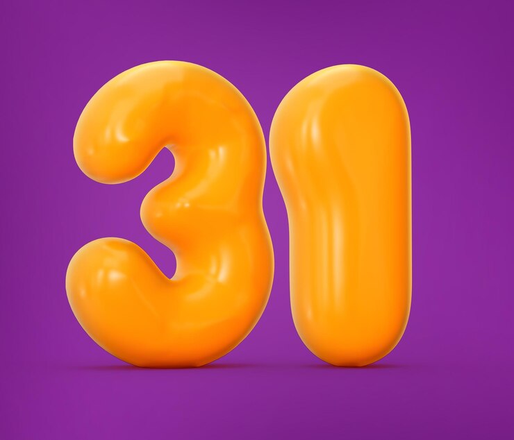 Foto jalea de naranja brillante número 31 o treinta y uno aislado en púrpura con ilustración de sombra 3d